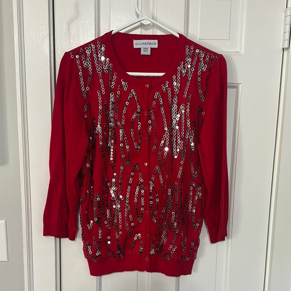 Sag Harbor sequins red cardigan size large